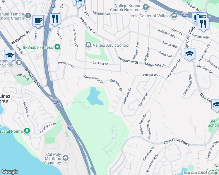 map of restaurants, bars, coffee shops, grocery stores, and more near 317 Clearpointe Drive in Vallejo