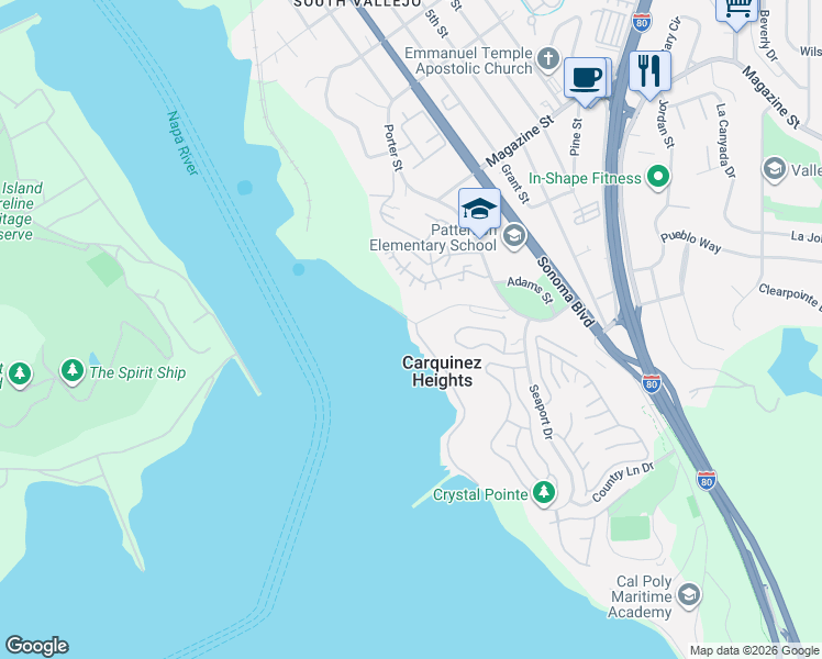 map of restaurants, bars, coffee shops, grocery stores, and more near 3 Sandy Beach Road in Vallejo