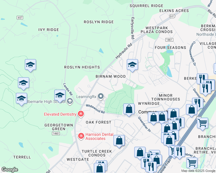 map of restaurants, bars, coffee shops, grocery stores, and more near 145 Woodgate Court in Charlottesville