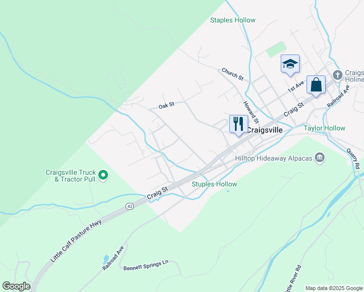 map of restaurants, bars, coffee shops, grocery stores, and more near 82 Chestnut Avenue in Craigsville