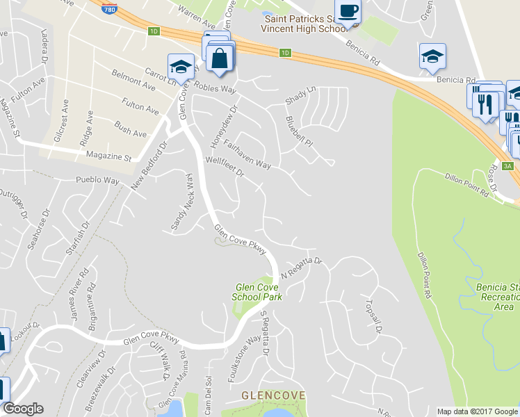 map of restaurants, bars, coffee shops, grocery stores, and more near 465 Wellfleet Drive in Vallejo