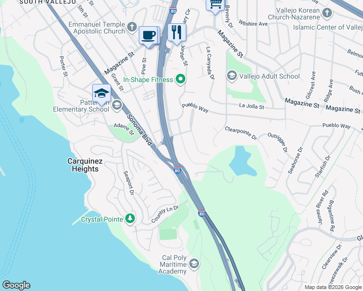 map of restaurants, bars, coffee shops, grocery stores, and more near 158 Jordan Street in Vallejo