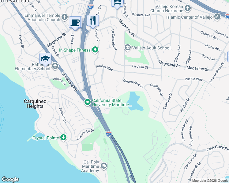 map of restaurants, bars, coffee shops, grocery stores, and more near 81 Del Sur Street in Vallejo