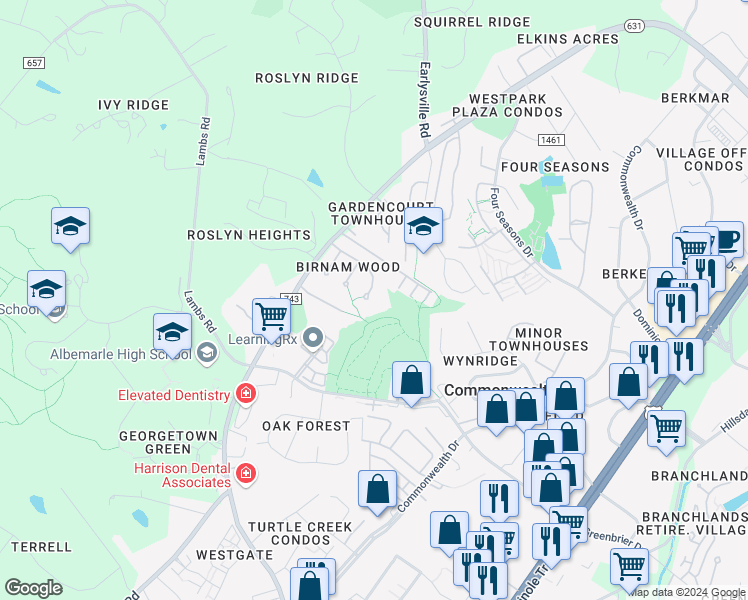 map of restaurants, bars, coffee shops, grocery stores, and more near 1509 Birnam Drive in Charlottesville