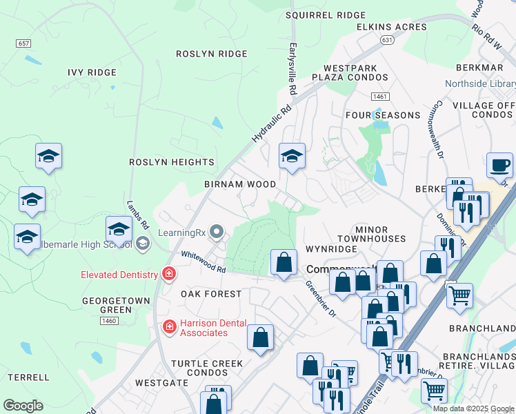 map of restaurants, bars, coffee shops, grocery stores, and more near 1515 Birnam Drive in Charlottesville