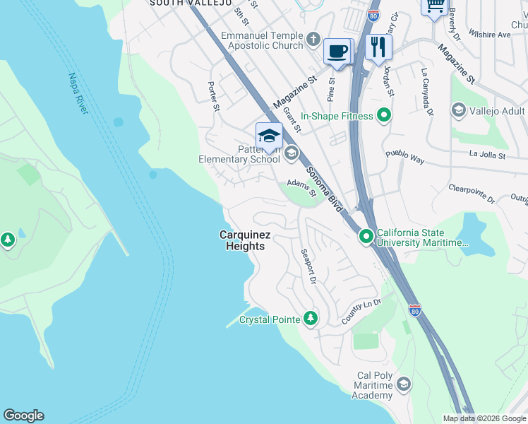 map of restaurants, bars, coffee shops, grocery stores, and more near 190 Sea Crest Circle in Vallejo
