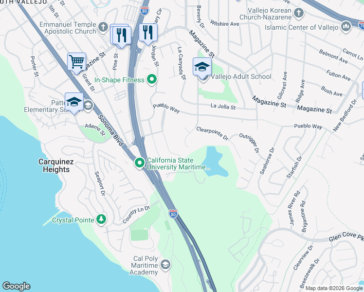 map of restaurants, bars, coffee shops, grocery stores, and more near 81 Del Sur Street in Vallejo