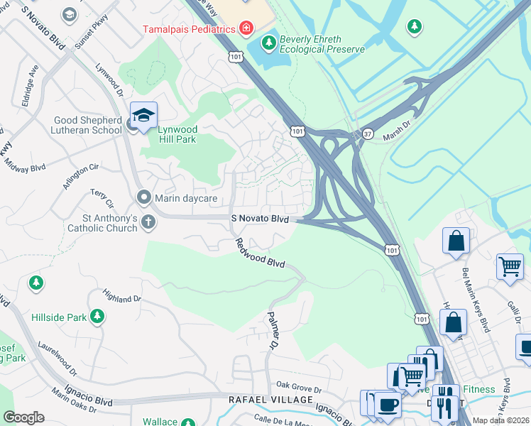 map of restaurants, bars, coffee shops, grocery stores, and more near 30 Klamath Way in Novato