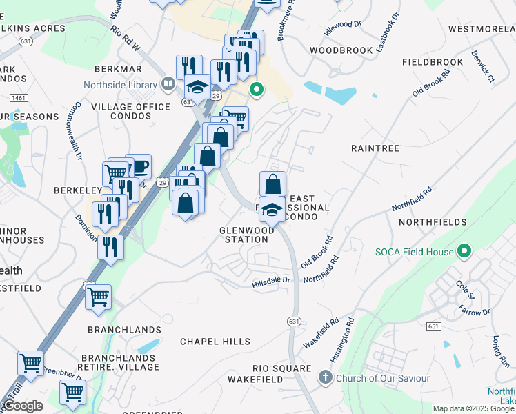 map of restaurants, bars, coffee shops, grocery stores, and more near 1500 Rio Road East in Charlottesville