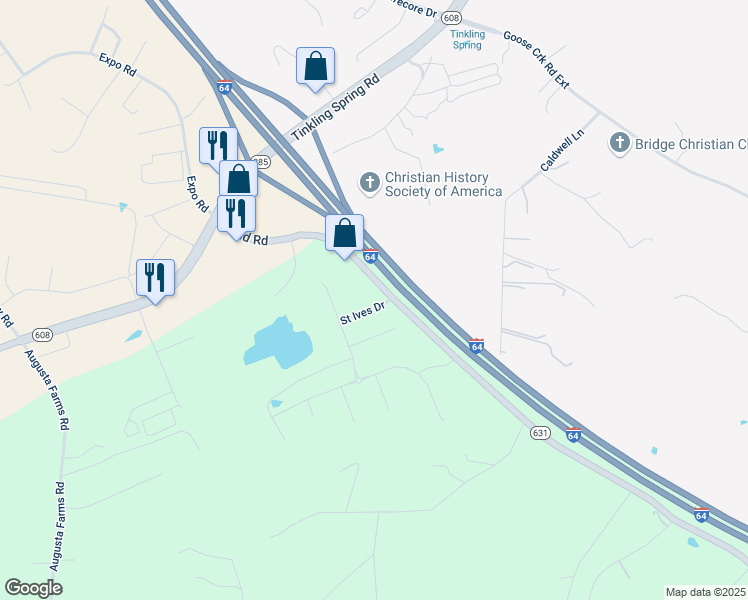 map of restaurants, bars, coffee shops, grocery stores, and more near 19 Saint Ives Drive in Fishersville