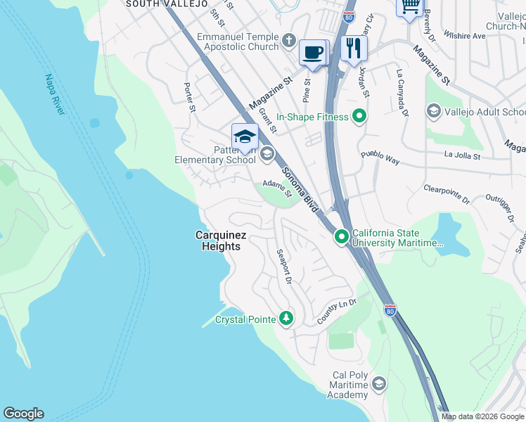 map of restaurants, bars, coffee shops, grocery stores, and more near 230 Sea Crest Circle in Vallejo