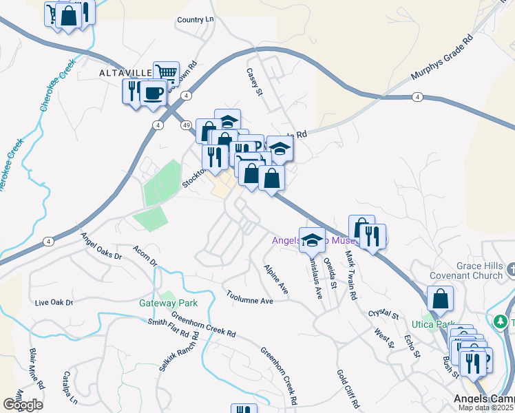 map of restaurants, bars, coffee shops, grocery stores, and more near in Angels Camp