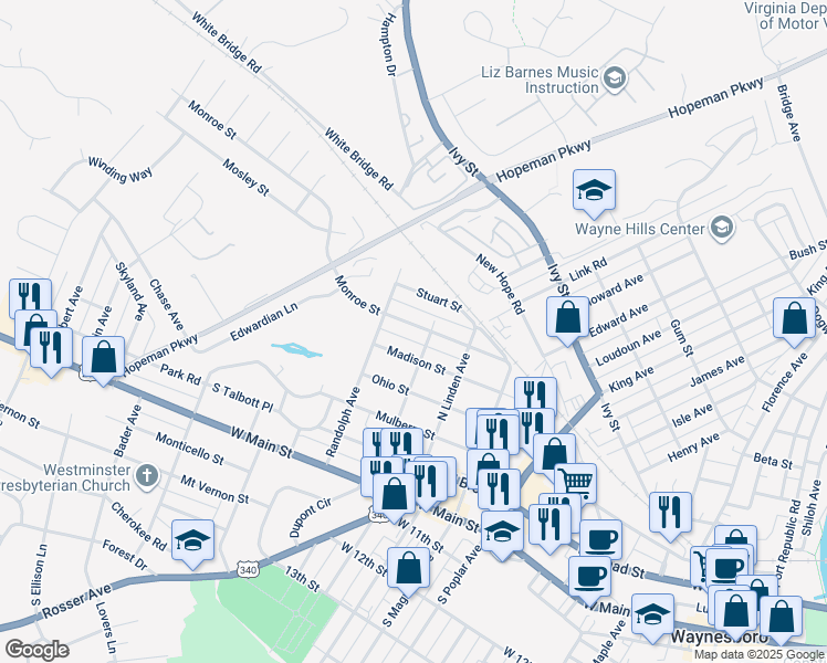 map of restaurants, bars, coffee shops, grocery stores, and more near Camden Coyner Lane in Waynesboro