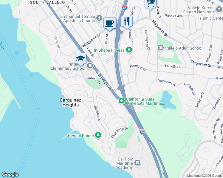 map of restaurants, bars, coffee shops, grocery stores, and more near 2 Sonoma Boulevard in Vallejo