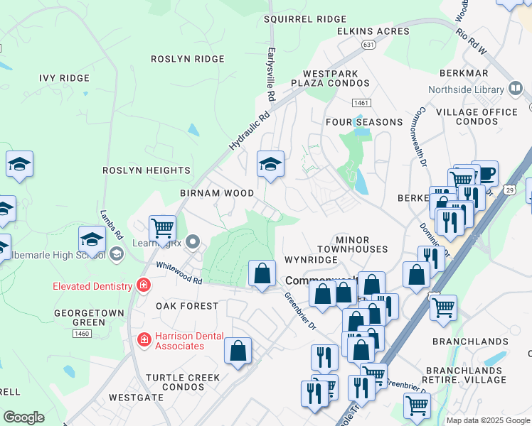 map of restaurants, bars, coffee shops, grocery stores, and more near 1768 Webland View in Charlottesville