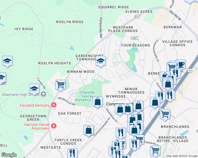 map of restaurants, bars, coffee shops, grocery stores, and more near 1768 Webland View in Charlottesville