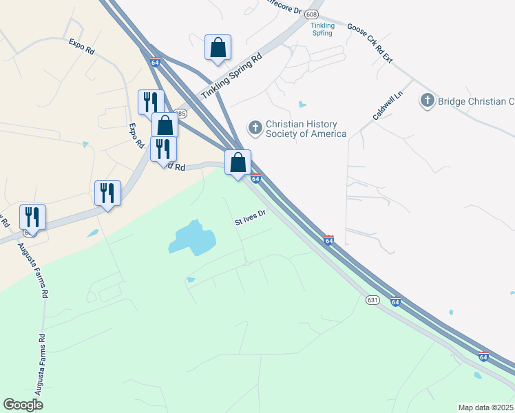 map of restaurants, bars, coffee shops, grocery stores, and more near 19 Saint Ives Drive in Fishersville