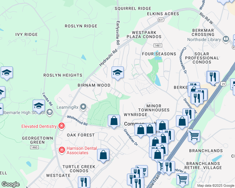 map of restaurants, bars, coffee shops, grocery stores, and more near 1714 Webland Drive in Charlottesville