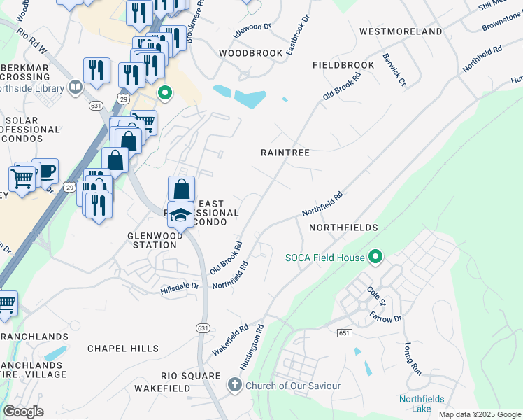 map of restaurants, bars, coffee shops, grocery stores, and more near 1515 Old Brook Road in Charlottesville
