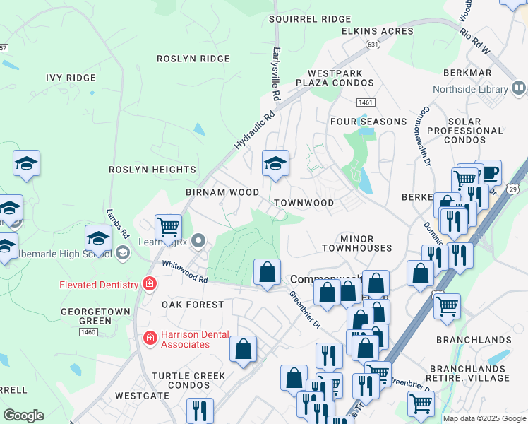map of restaurants, bars, coffee shops, grocery stores, and more near 1781 Webland View in Charlottesville