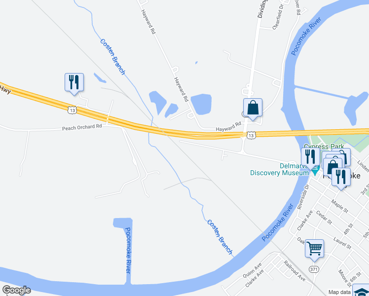 map of restaurants, bars, coffee shops, grocery stores, and more near 33819 Market Street in Pocomoke City