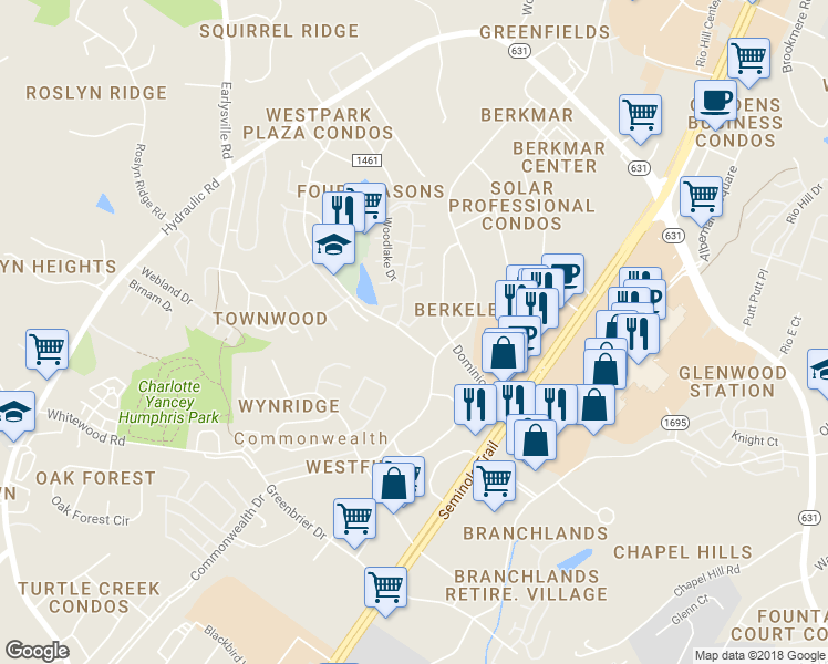 map of restaurants, bars, coffee shops, grocery stores, and more near 1 4 Seasons Drive in Charlottesville