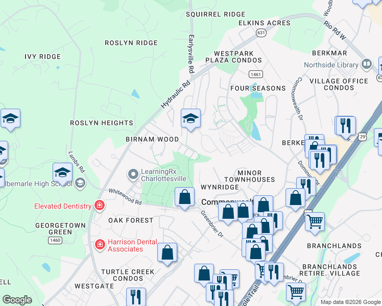 map of restaurants, bars, coffee shops, grocery stores, and more near 1818 Webland View in Charlottesville