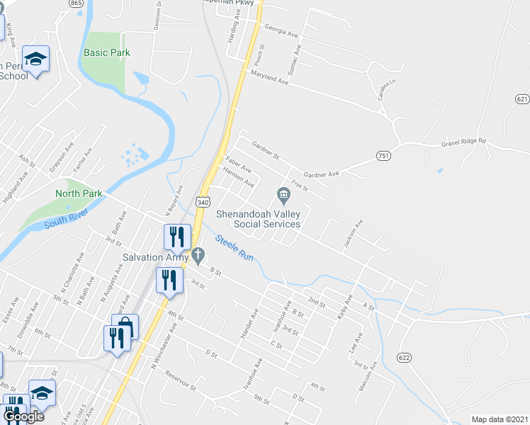 map of restaurants, bars, coffee shops, grocery stores, and more near 1015 Shenandoah Avenue in Waynesboro
