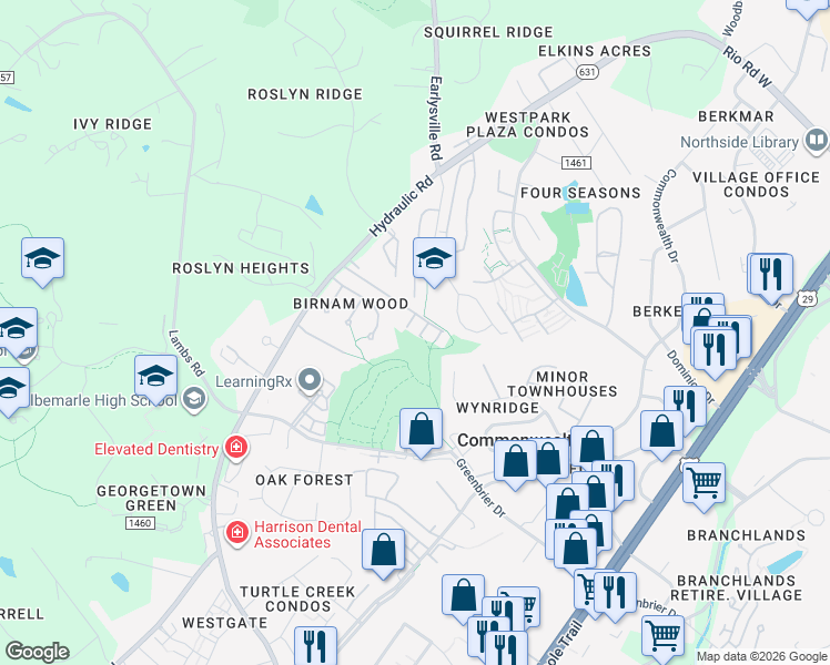map of restaurants, bars, coffee shops, grocery stores, and more near 1781 Webland View in Charlottesville