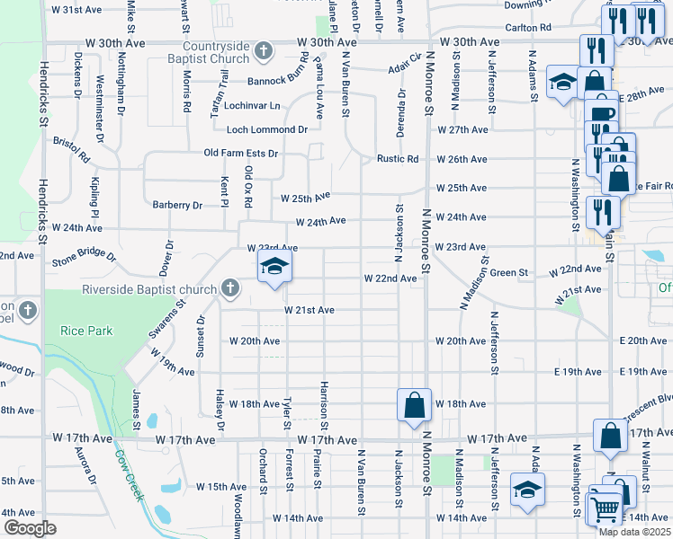 map of restaurants, bars, coffee shops, grocery stores, and more near 725 West 22nd Avenue in Hutchinson
