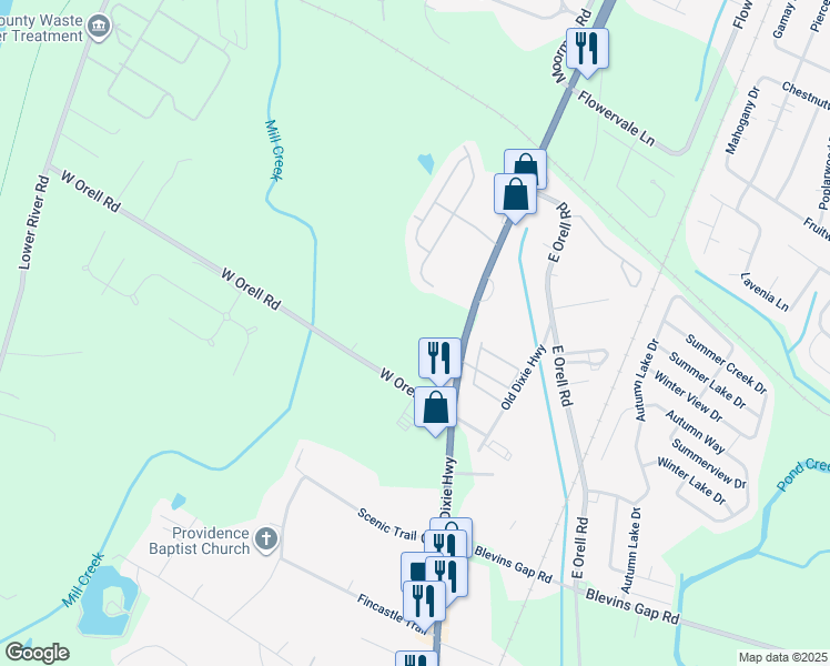 map of restaurants, bars, coffee shops, grocery stores, and more near 6605 West Orell Road in Louisville