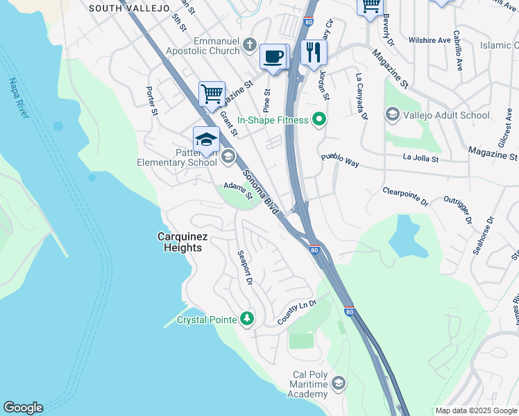 map of restaurants, bars, coffee shops, grocery stores, and more near 201 Sandy Beach Road in Vallejo