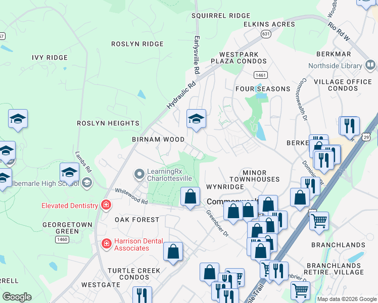 map of restaurants, bars, coffee shops, grocery stores, and more near 1769 Webland View in Charlottesville