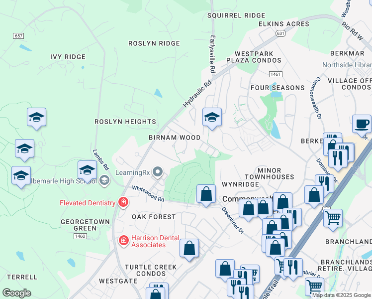 map of restaurants, bars, coffee shops, grocery stores, and more near 1513 Birnam Drive in Charlottesville
