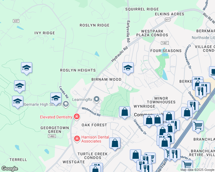 map of restaurants, bars, coffee shops, grocery stores, and more near 117 Blithe Court in Charlottesville