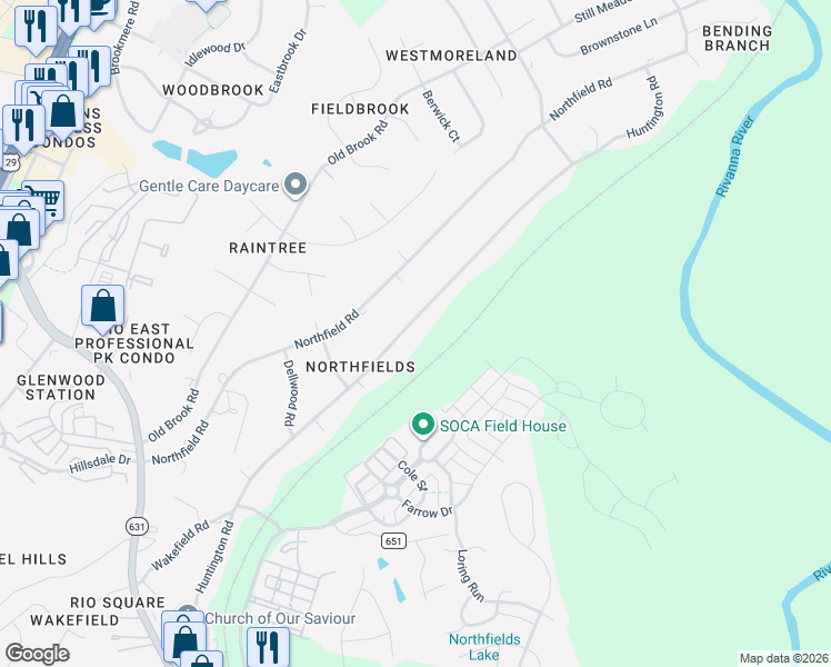 map of restaurants, bars, coffee shops, grocery stores, and more near 2610 Huntington Road in Charlottesville