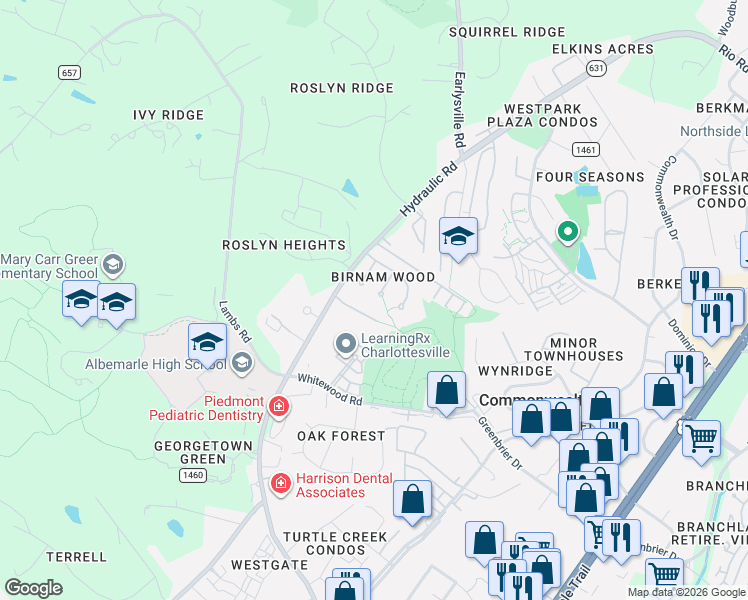 map of restaurants, bars, coffee shops, grocery stores, and more near 145 Woodgate Court in Charlottesville