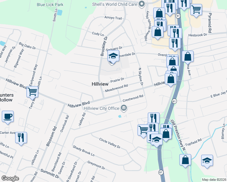 map of restaurants, bars, coffee shops, grocery stores, and more near 620 Hillview Boulevard in Louisville