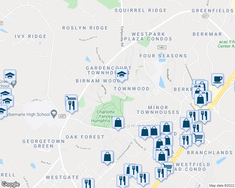 map of restaurants, bars, coffee shops, grocery stores, and more near 1765 Webland View in Charlottesville