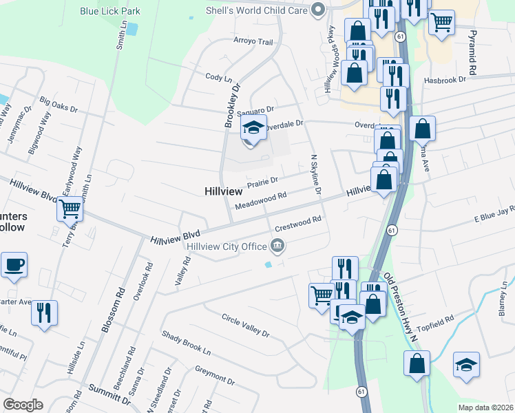 map of restaurants, bars, coffee shops, grocery stores, and more near 620 Hillview Boulevard in Louisville