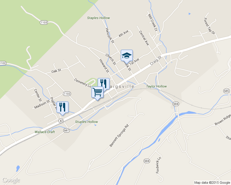 map of restaurants, bars, coffee shops, grocery stores, and more near 60 Railroad Avenue in Craigsville