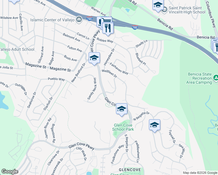 map of restaurants, bars, coffee shops, grocery stores, and more near 101 San Simeon Place in Vallejo