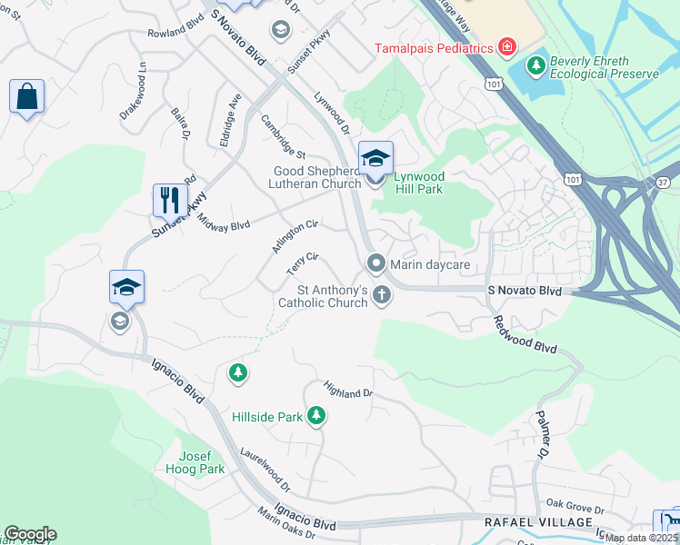 map of restaurants, bars, coffee shops, grocery stores, and more near 6 Terry Circle in Novato
