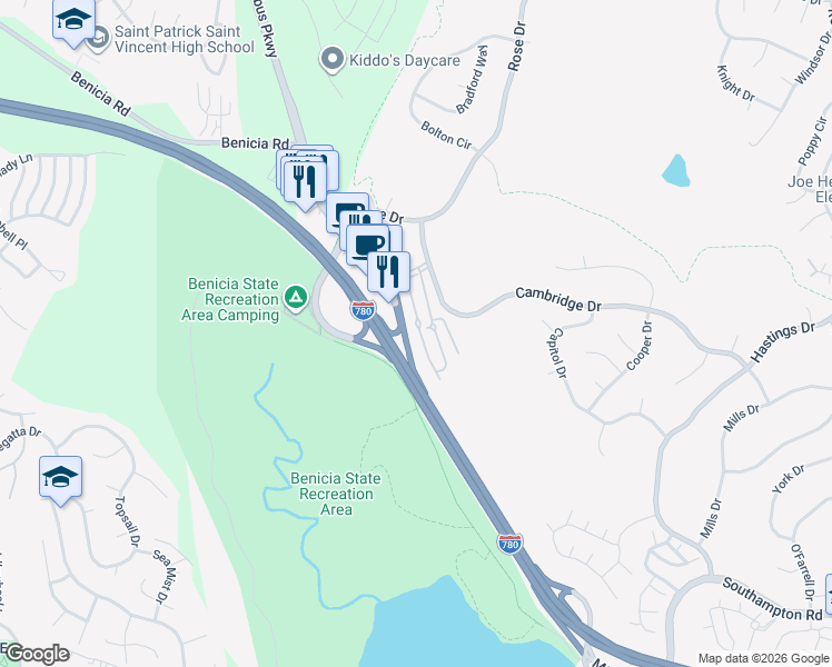 map of restaurants, bars, coffee shops, grocery stores, and more near 900 Cambridge Drive in Benicia