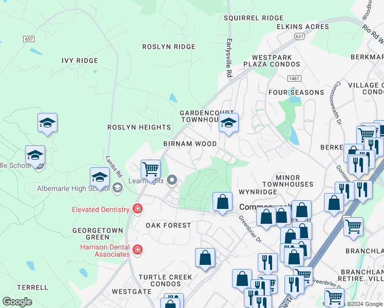 map of restaurants, bars, coffee shops, grocery stores, and more near 117 Blithe Court in Charlottesville