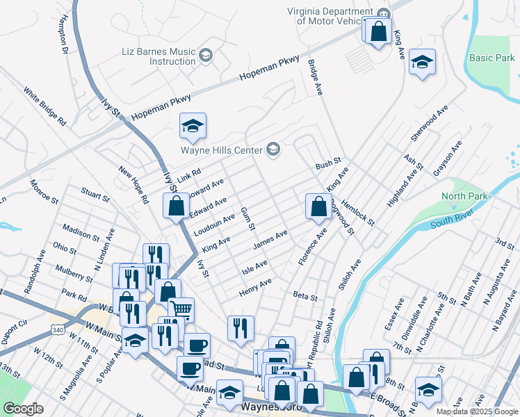 map of restaurants, bars, coffee shops, grocery stores, and more near 326 King Avenue in Waynesboro