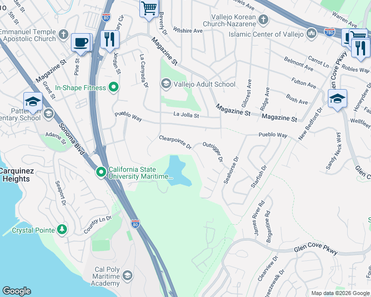 map of restaurants, bars, coffee shops, grocery stores, and more near 267 Clearpointe Drive in Vallejo