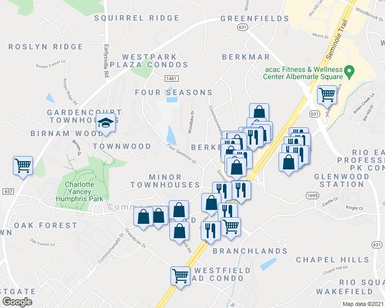 map of restaurants, bars, coffee shops, grocery stores, and more near 6 4 Seasons Drive in Charlottesville