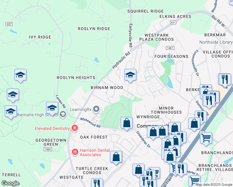 map of restaurants, bars, coffee shops, grocery stores, and more near 1523 Birnam Drive in Charlottesville