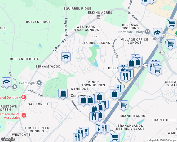map of restaurants, bars, coffee shops, grocery stores, and more near Shady Forest Way in Charlottesville